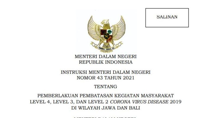 Berikut Wilayah PPKM Level 4, 3, dan 2 di Jawa – Bali