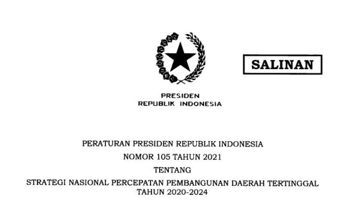 Pemerintah Terbitkan Perpres 105/2021 tentang Stranas Percepatan Pembangunan Daerah Tertinggal