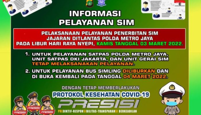 Libur Nyepi, Layanan Gerai dan SIM Satpas Polda Metro Jaya Tetap Beroperasi