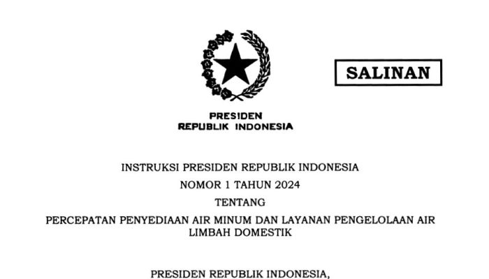 Berikut Inpres Percepatan Penyediaan Air Minum dan Layanan Pengelolaan Air Limbah Domestik